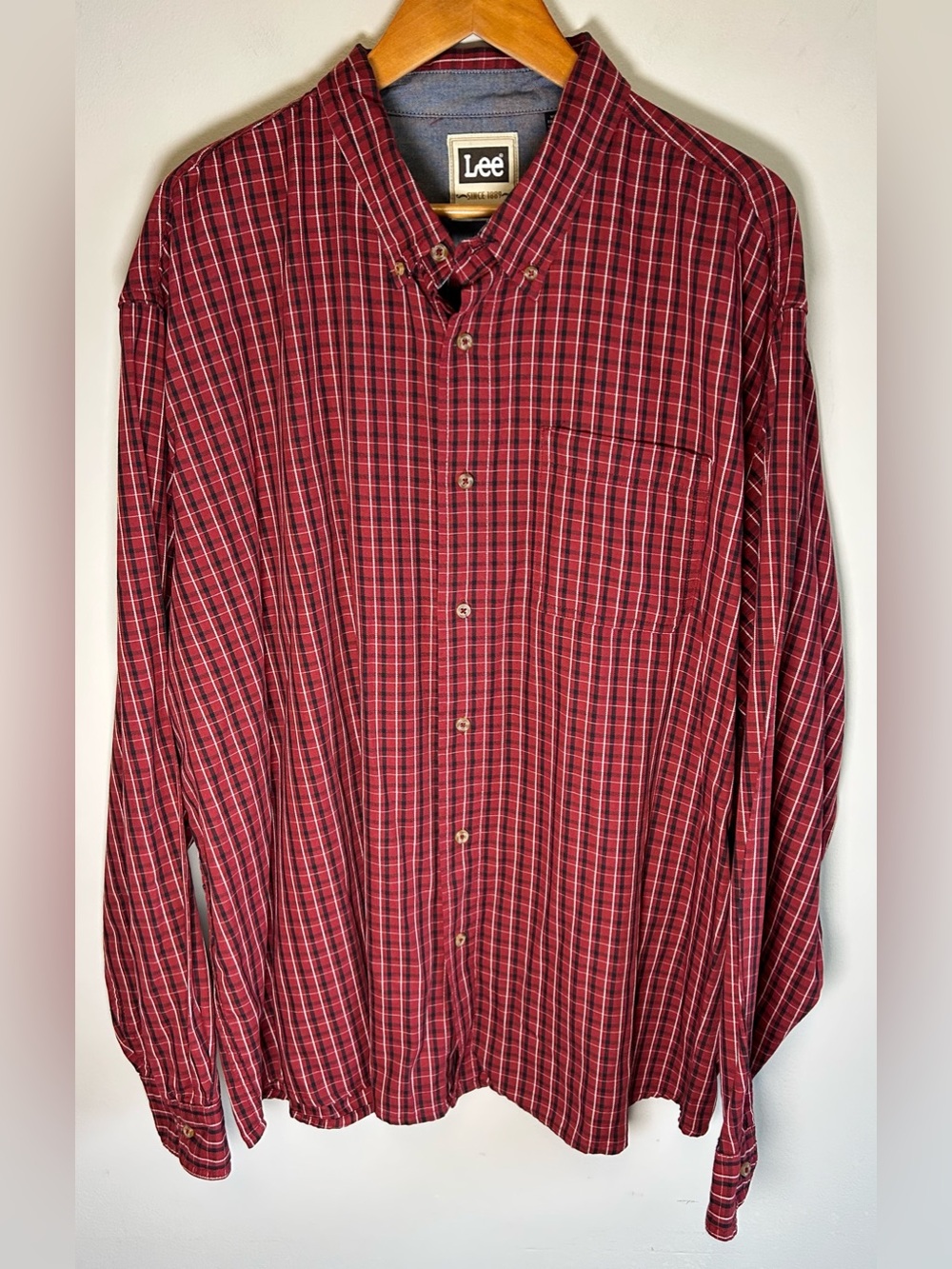 Lee Long Sleeve Button Up Shirt Men’s 3X Red Black 100% Cotton Pocket Workwear